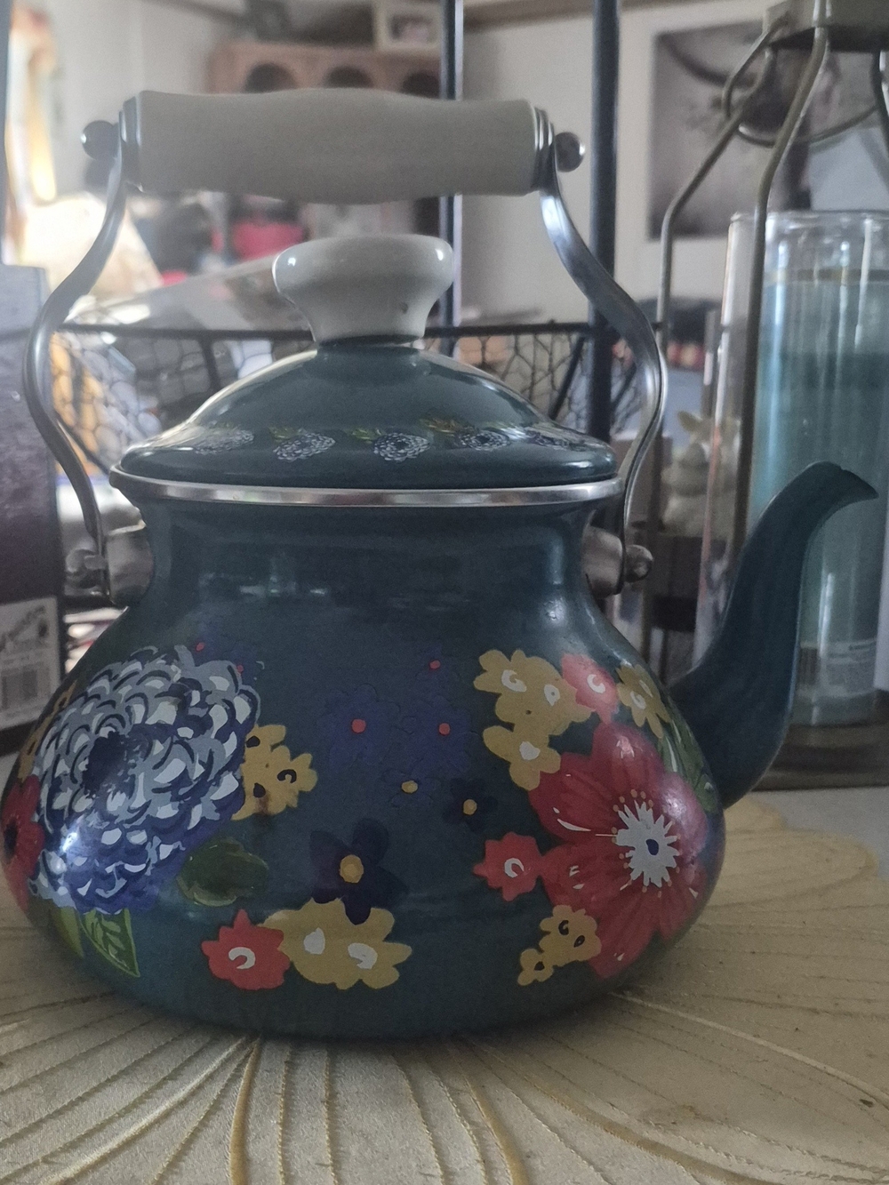 The Vintage Pioneer Woman Teal Floral Teapot with Multicolor Blooms